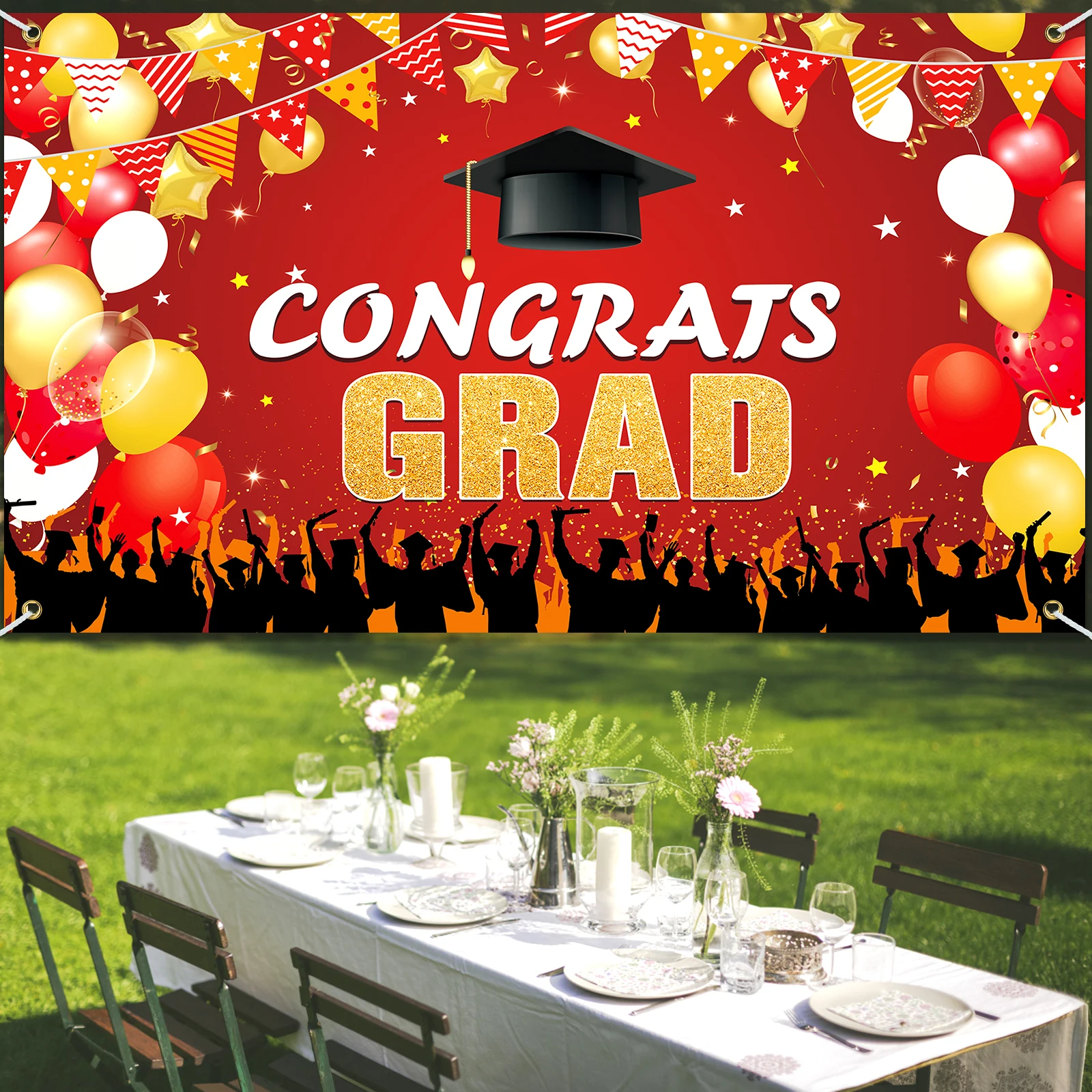 Congrats Grad バナー背景装飾セット 卒業パーティー用品用 ブラックとゴールド 卒業バナー