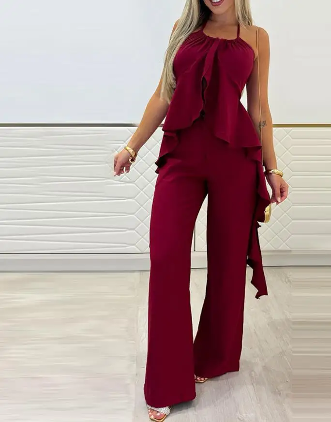 

2 Pieces Outfit Halter Asymmetrical Ruffles Hem Backless Top and Casual Wide Leg Pants Set