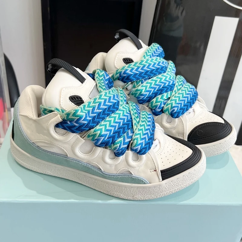 

2026 New Men's Women's sports shoes Matching leather material Splicing color design Thick tongue Casual Shoes Colorful shoelace