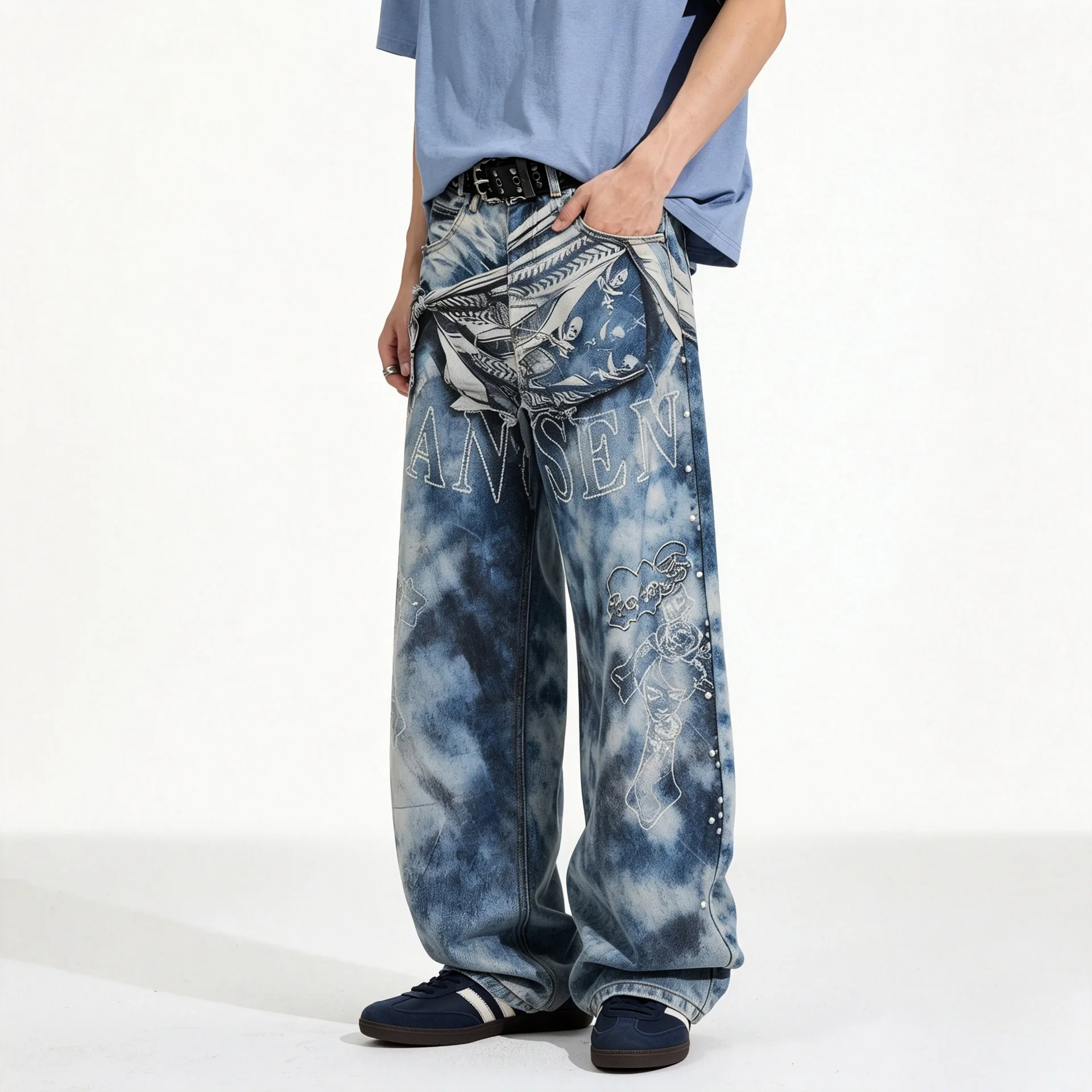 Men's High Street Tie Dye Hip Hop Jeans Pants Fashion Streetwear Painted Loose Fit Vibe Style Y2K Denim Trousers With Pearls