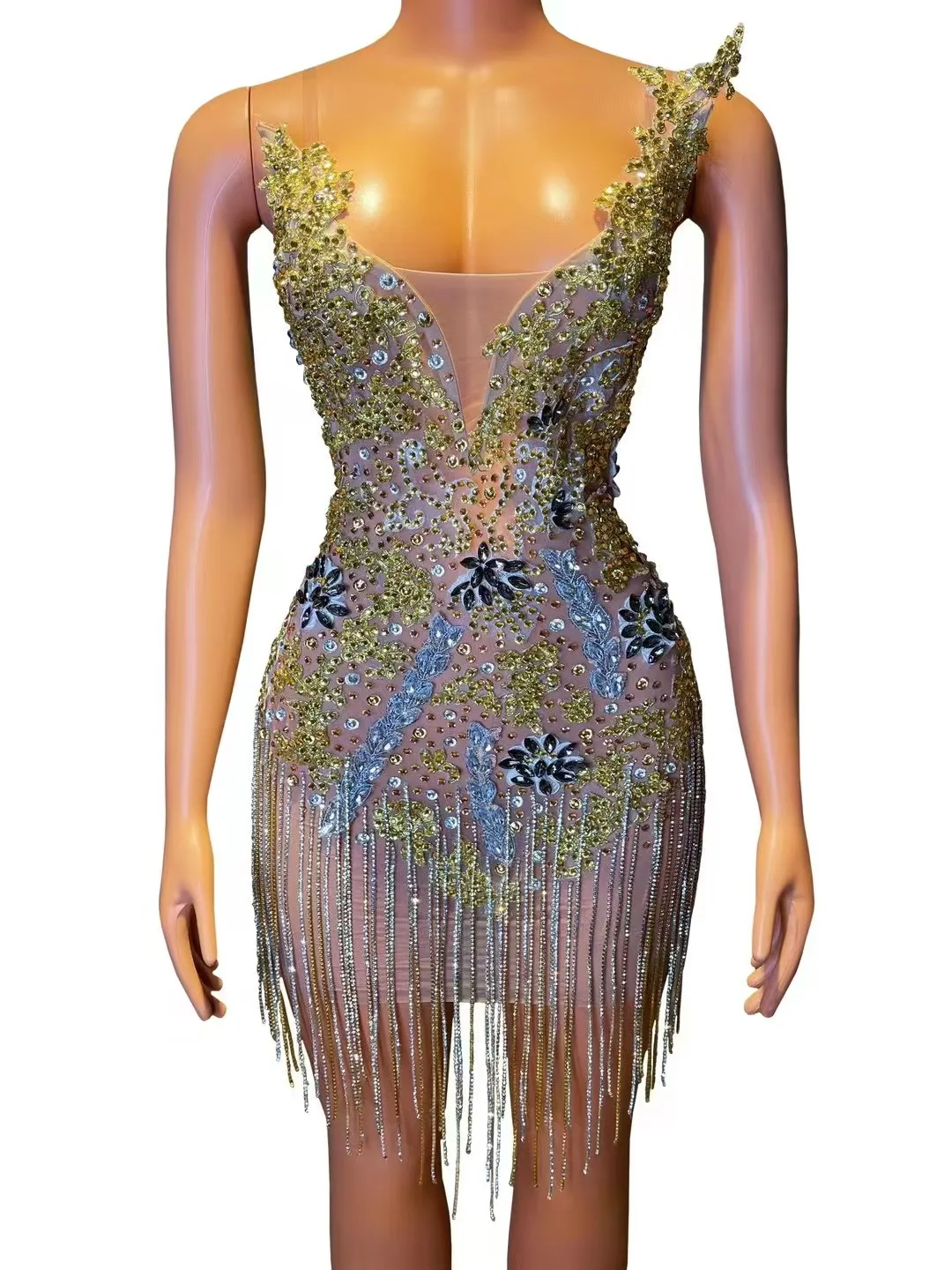 

Облегающая и сексуальная разноцветная сетчатая юбка с вышивкой и бриллиантовой цепочкой, облегающая короткая юбка для дня рождения, костюм для выступлений A948