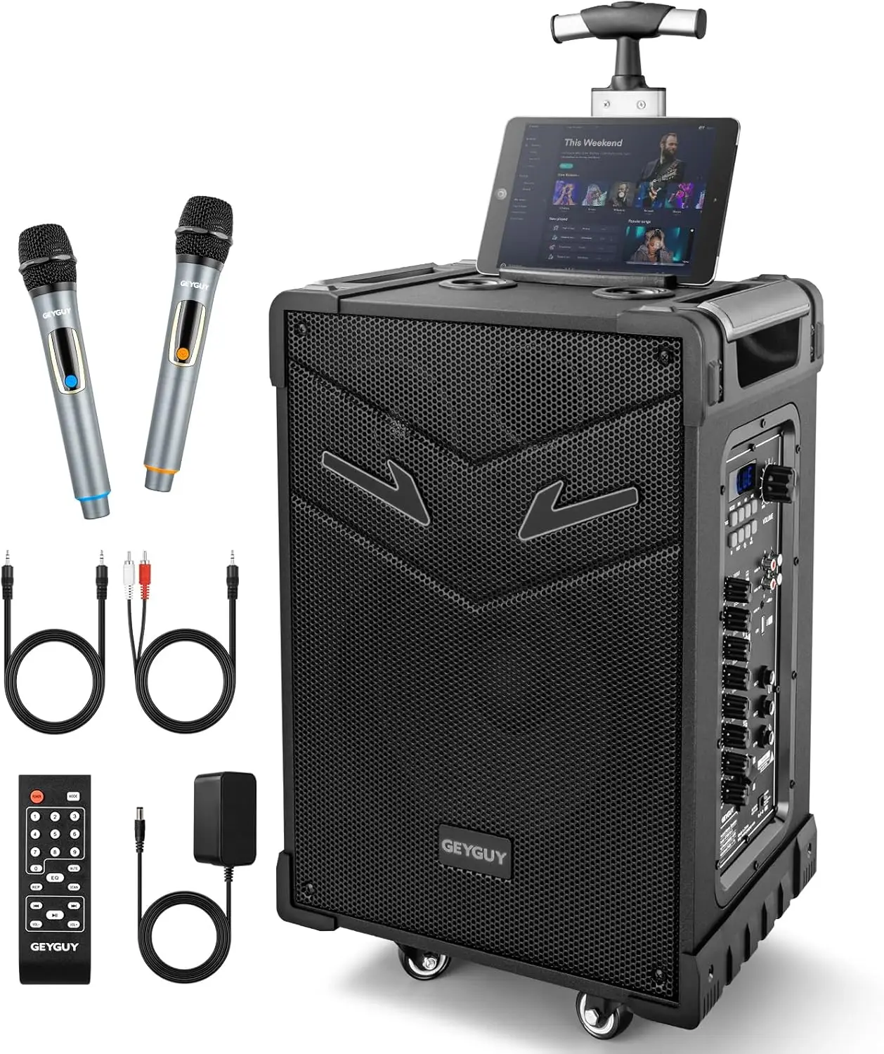 

GTSK10-3 3-Way Portable PA System with wireless microphones,10'' subwoofer Bluetooth Karaoke Machine, Rechargeable Speake