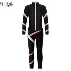 Girls Athletic Fitness Gym Leotard Outfits 2 Piece Long Sleeve Figure Skating Jacket with Legging Yoga Running Workout Tracksuit