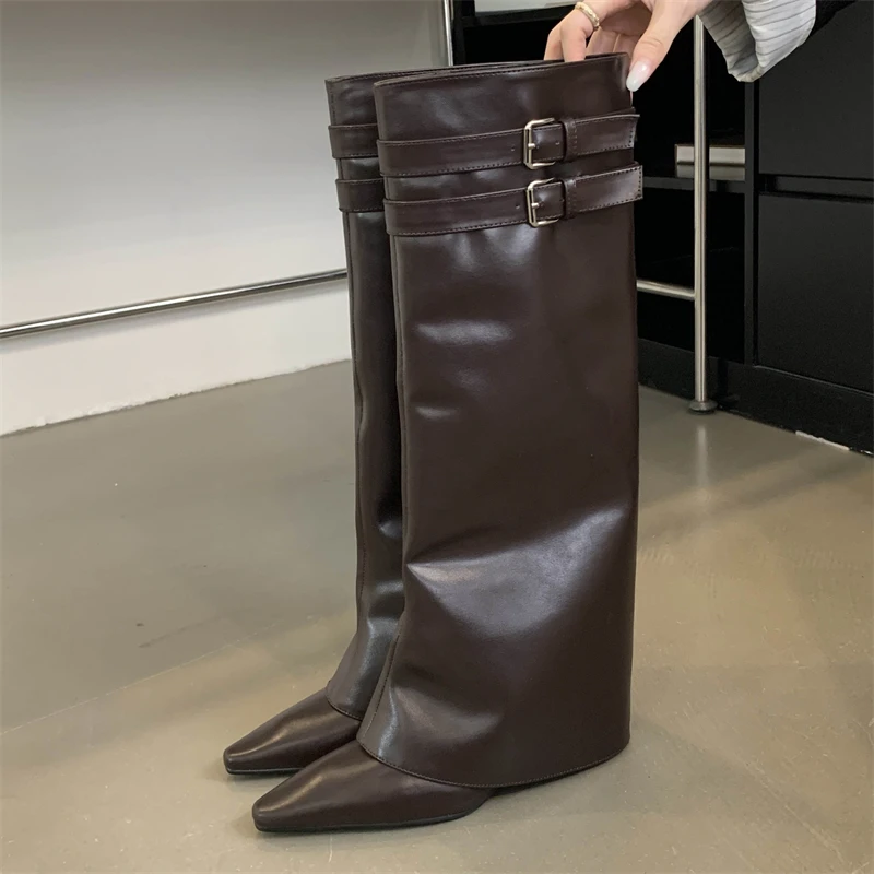 

Aneikeh/модные женские сапоги до колена с острым носком и пряжкой на ремешке, уличная зимняя женская обувь на тонком низком каблуке для вечеринок