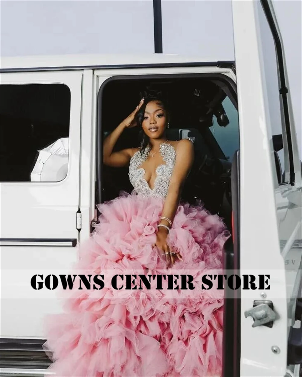 New In Pink Ruched Train Prom Dresses Silver Diamond Crystal Black Girl Pageant Birthday Dress Evening Formal Dress Customized