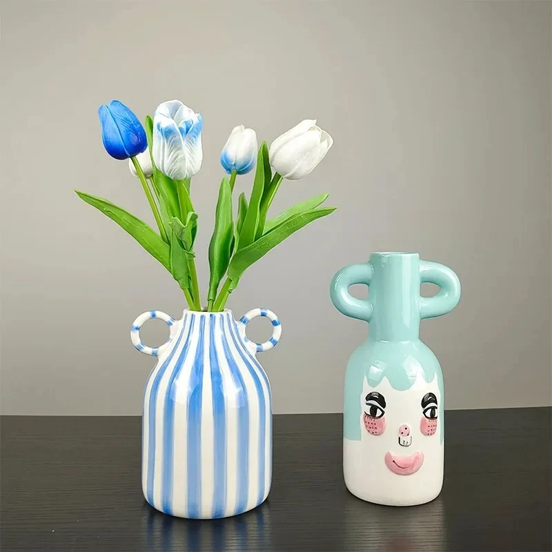 1Pcs Ceramic Vase Geometric Stripes Red Flower Vase Flower Arrangement Accessories Ceramic Handicrafts Home Decoration
