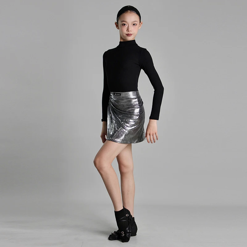 ใหม่ชุดเต้นรำละตินหญิงสีดำคอสูงบอดี้สูทกระโปรงสีเงินเด็กการปฏิบัติงานการแสดงสวมชุดเต้นรำละติน VBH2279