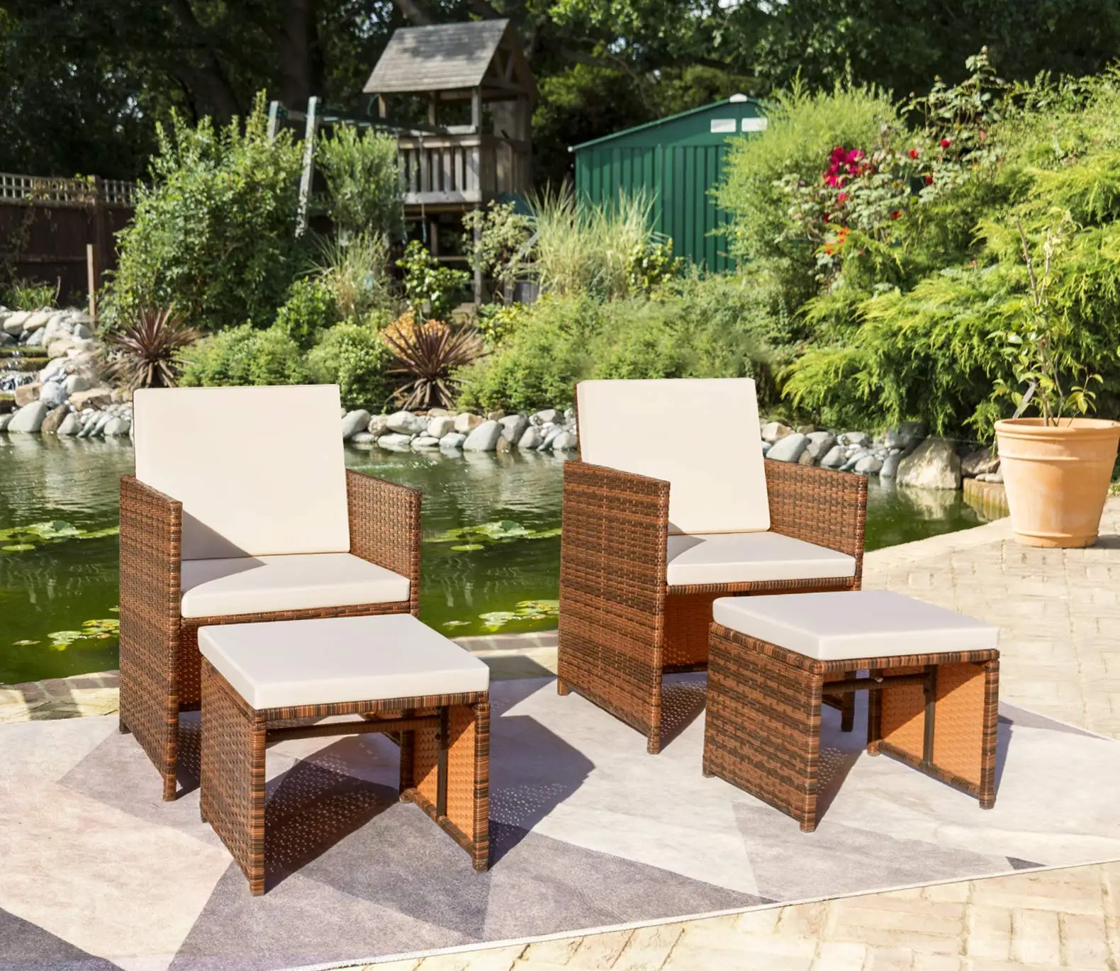 4 Pieces Patio Wicker Furniture Set Outdoor Patio Chairs with Ottomans All Weather Cushioned Chairs Balcony Porch