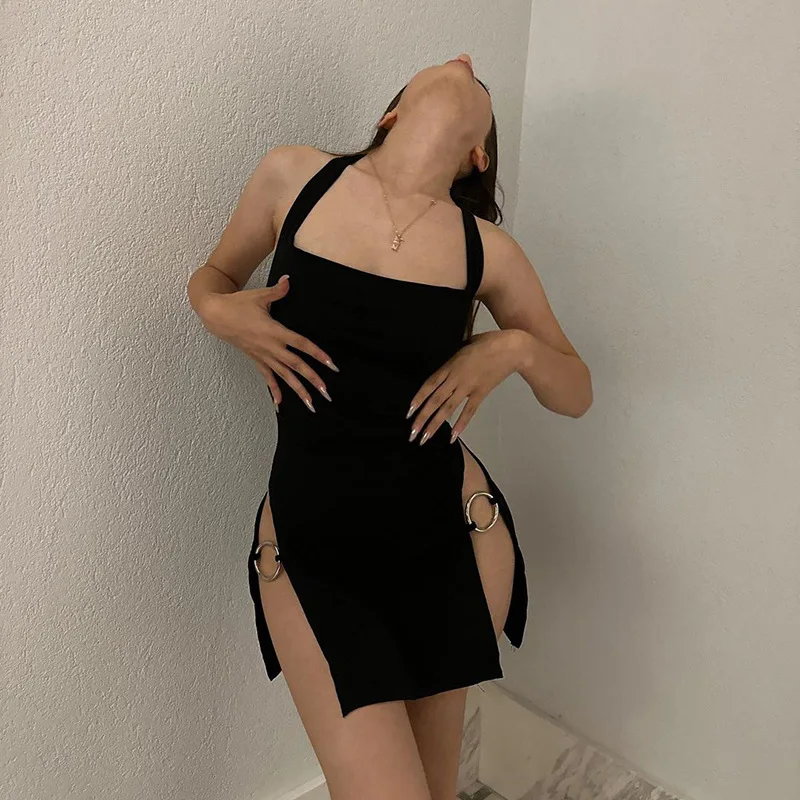 Saia Oca de Costas Aberta Feminina, Garota Picante, Apertada, Botão de Metal, Gola Pendurada, Estilo Europeu e Americano, Sexy, Y2K2024