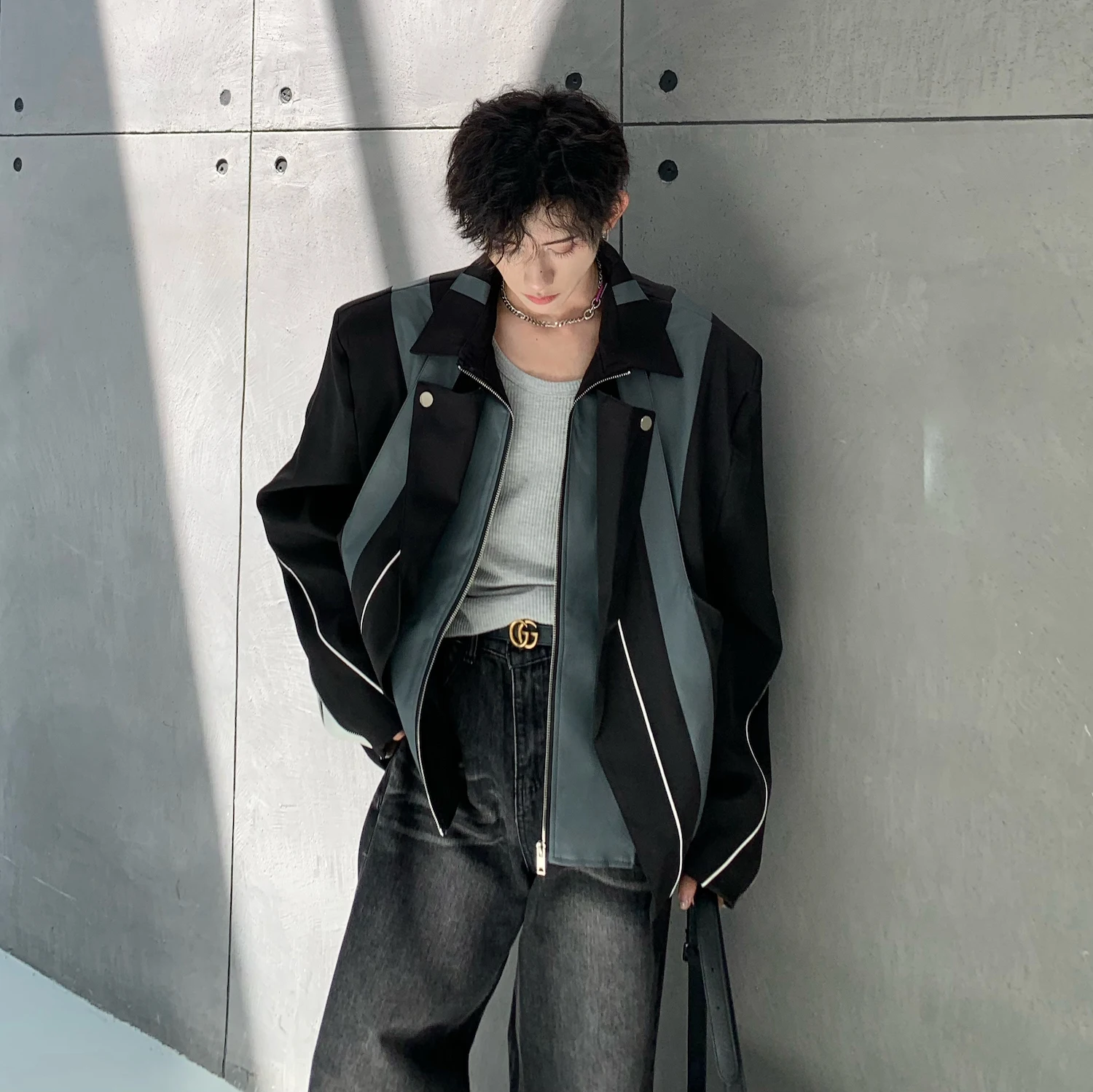 

oulder Padded ort Men's Jaet Patchwork Suit Coat Spring Autumn Sli Hairdrer Trendy Brand Motorcycle Clothes Amer...