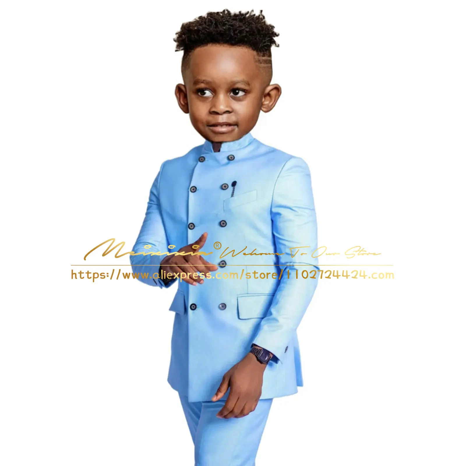 Purple Indian Design Boys Suit Jacket Pants 2 Piece Set Stand Collar Wedding Tuxedo Double Breasted Fashion Kids Blazer