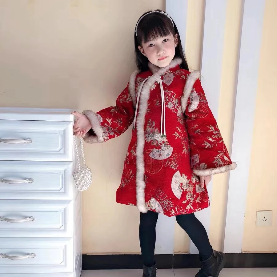 Spring Festival Hanfu Qipao for Gilrs Winter Thicken Plus Velvet Fake Fur Collar Chinese New Year Red Han Fu Dress