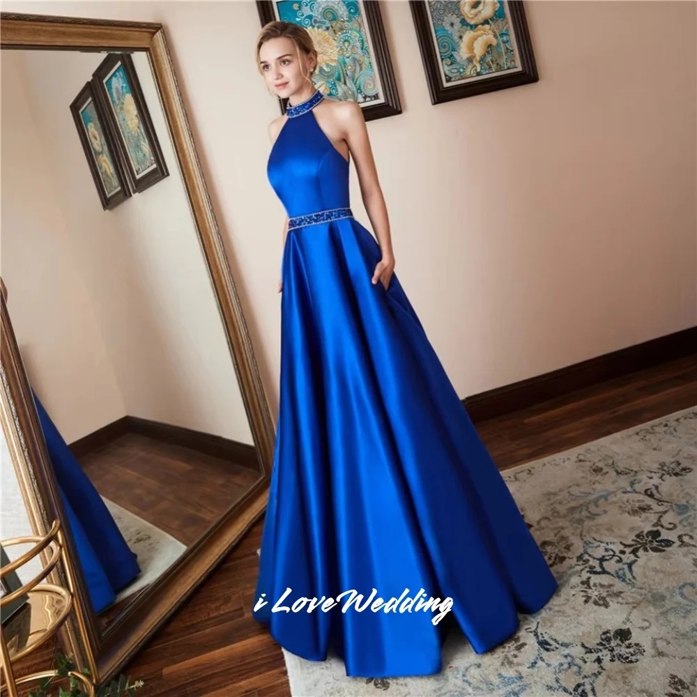Royal Blue Halter Prom Dresses 2025 Sleeveless Backless A-Line Sequin Beaded Pleated Floor-Length Wedding Guest Dress Customized