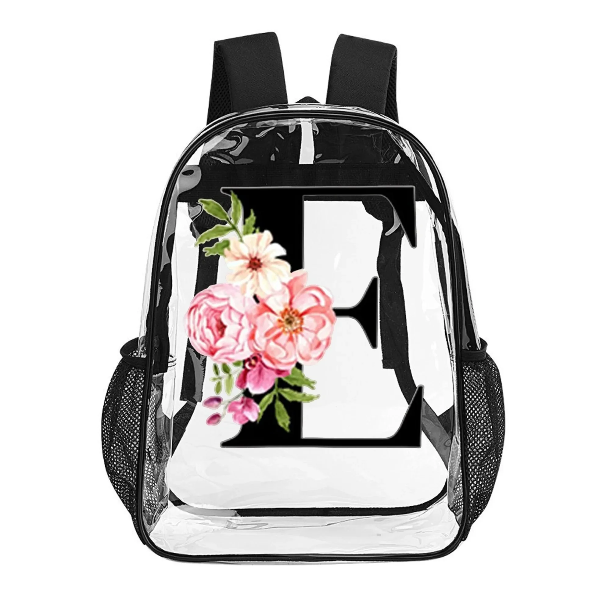 

16 in PVC Clear Backpack,Elegant Transparent Bag with E Letter Flower Pattern,Girls’ School Daily Fashion Occasions Gifts