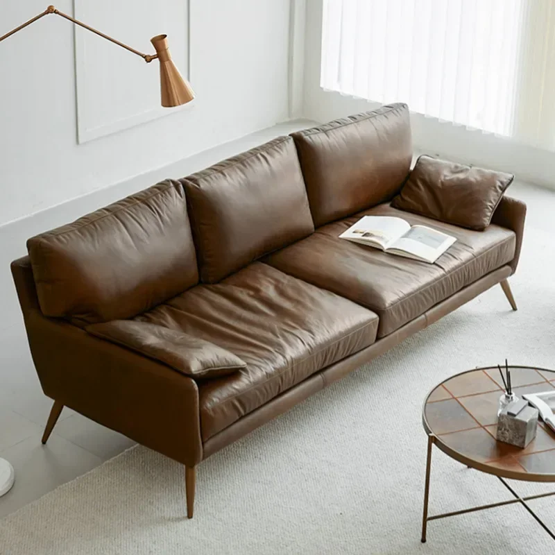 

Light luxury, simple retro oil wax leather living room sofa, small apartment, three seat straight row sofa