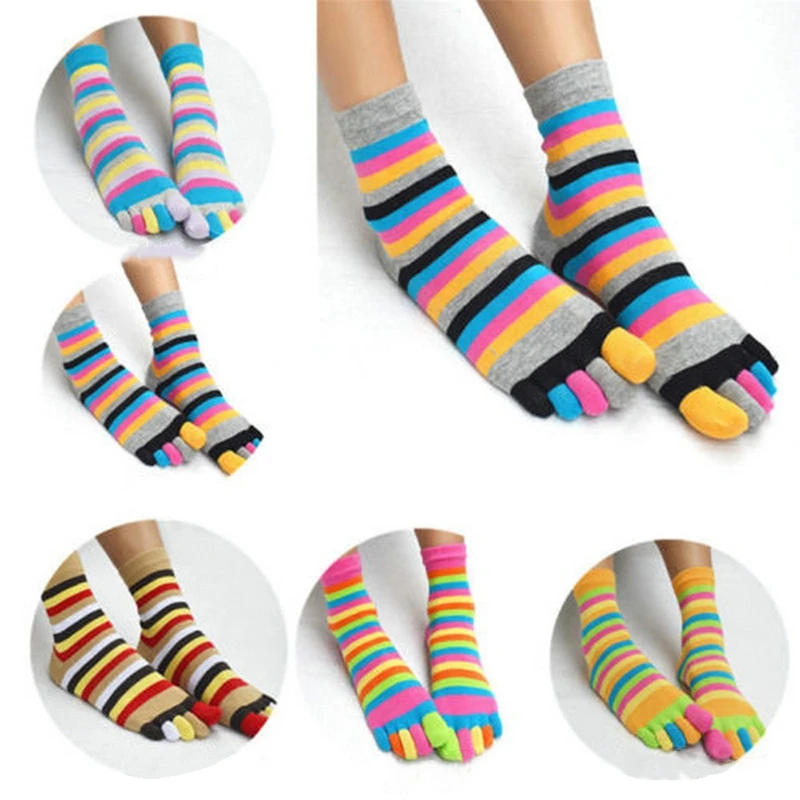 6 Pairs Women Cotton Five Finger Socks Rainbow Striped Toe Separated Hosiery