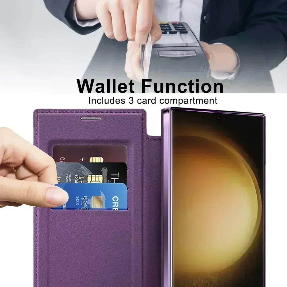 Samsung Leather Flip Card Clip Phone Case For Samsung Galaxy S24 S23 S22 Ultra Plus S23 FE For Magnetic Wireless Charging Covers