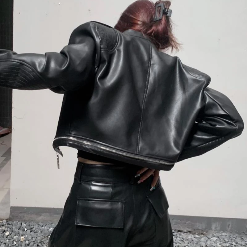 Vintage Multi-Zipper Design Spiderweb Leather Jacket for Women Spring Autumn PU Leather Coats Streetwear Cropped Top Long Sleeve