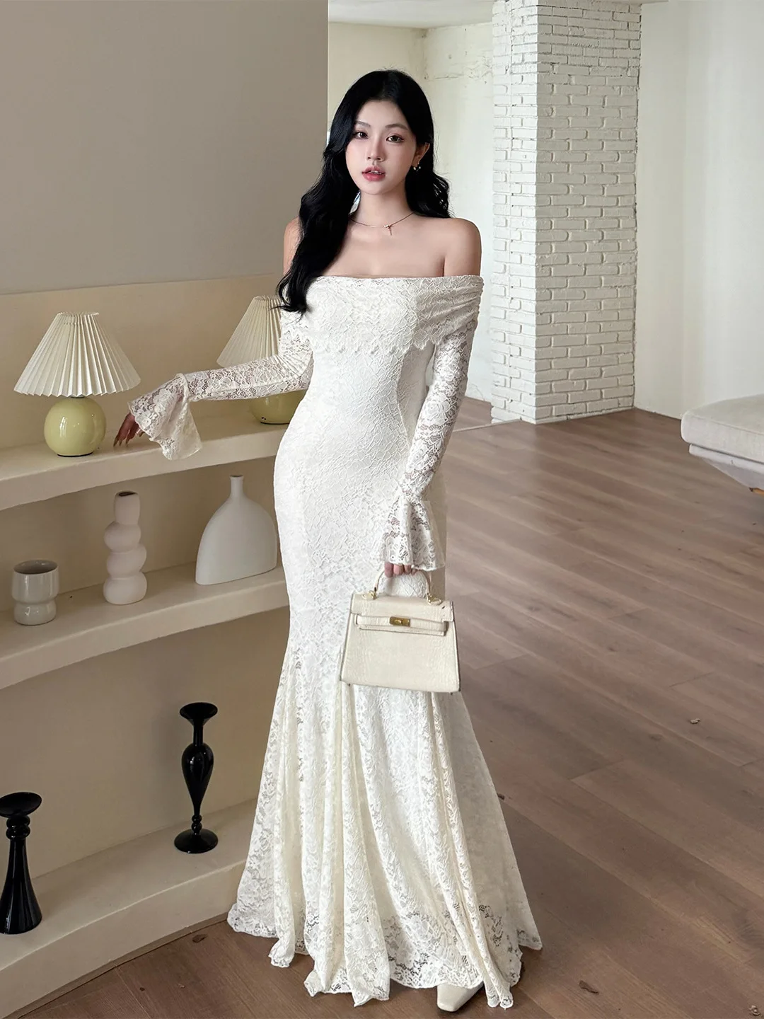 Retro Kant Off-the-shoulder Hollow-out Ontwerp Luxe Dame-achtige Dames Herfst Slanke Zeemeermin Jurk Uitlopende Party Prom vestidos Gewaad