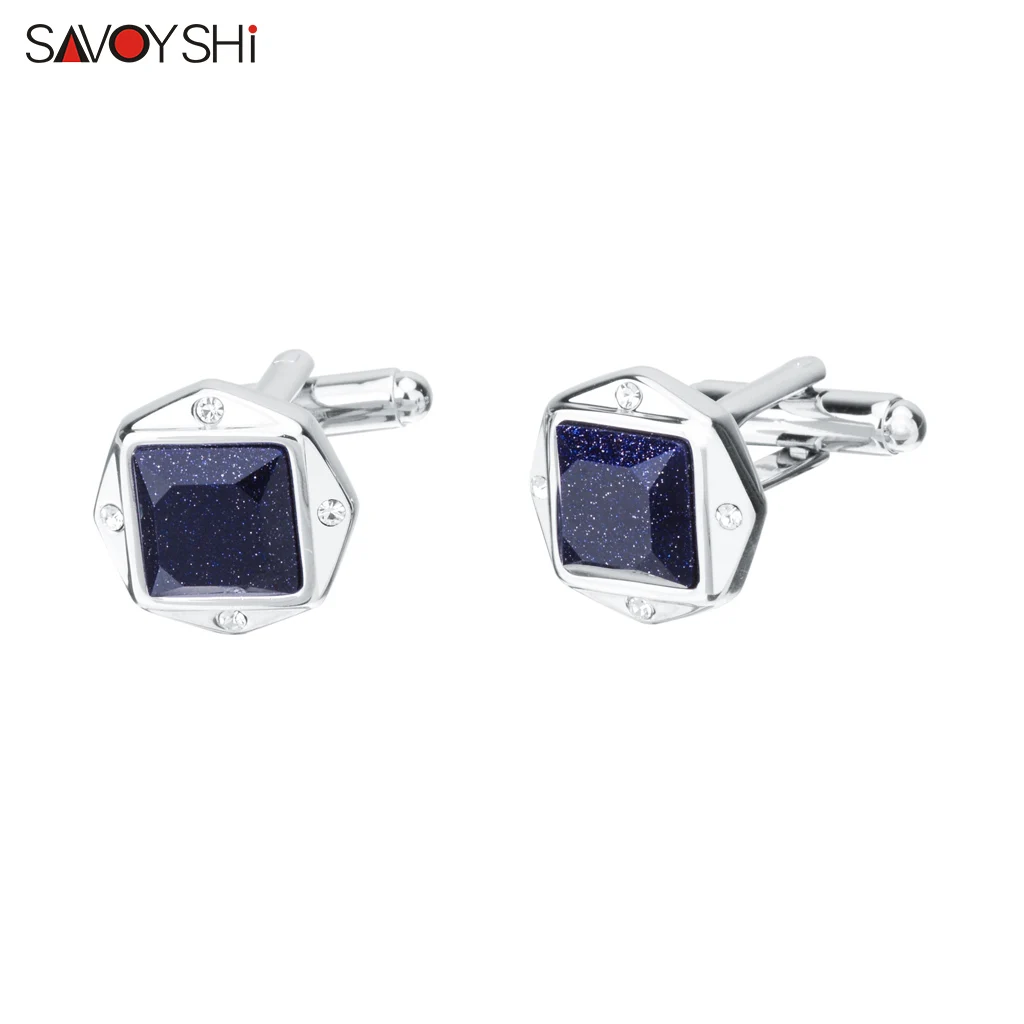 

SAVOYSHI Роскошные запонки с синим звездным камнем для мужской рубашки, высококачественные запонки серебряного цвета, свадебный подарок, ювелирные изделия