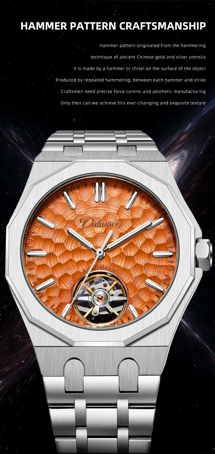 Automatische mechanische Herrenuhr mit orangefarbenem Zifferblatt, Skelett-Tourbillon, achteckige Armbanduhr aus Edelstahl, luxuriöse wasserdichte Uhr – Detail 3
