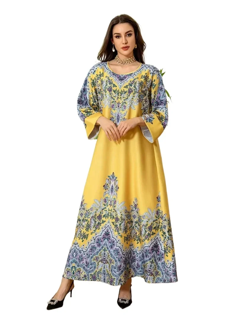 Muslim Floral Print And Diamonds Dresses For Woman Dubai Moroccan Round Neck  Kebaya Gorgeous Party Abaya2025