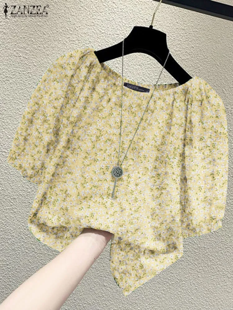ZANZEA-Chemisiers à imprimé floral pour femmes, col bateau, manches bouffantes, chemise décontractée élégante, vacances, mode estivale, 2024