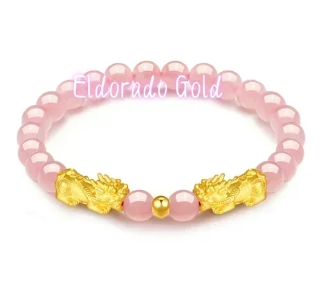 Eldorado Gold  rings Glod 24k pure  charms bracelet 999 real  pixiu hand string pink beads +  beads diy bracelet
