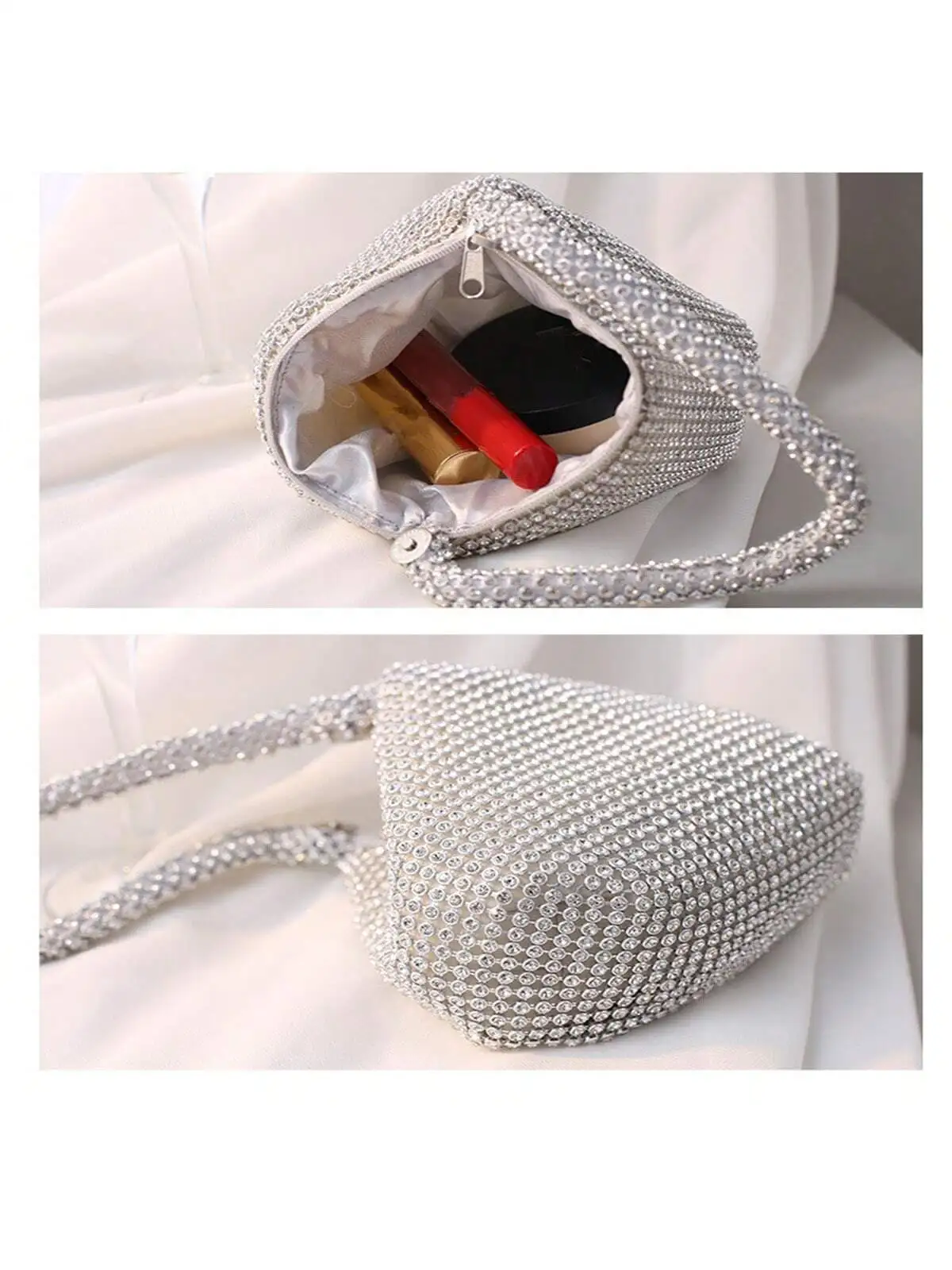 Silver Evening Bag Tote Handbag Pure Handmade Rhinestone Evening Bag Clutch Ladies Banquet Bag