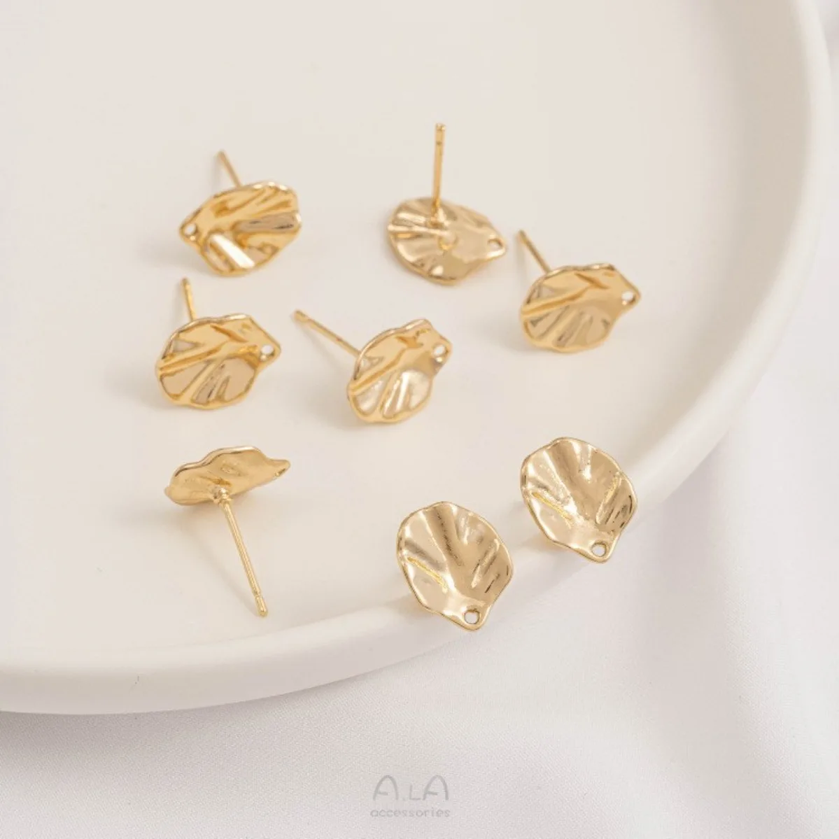 Brass Gold Plated Textured Curved Leaf Stud With Hanging Loop DIY Handmade Pearl Dangle Earring Jewelry Findings