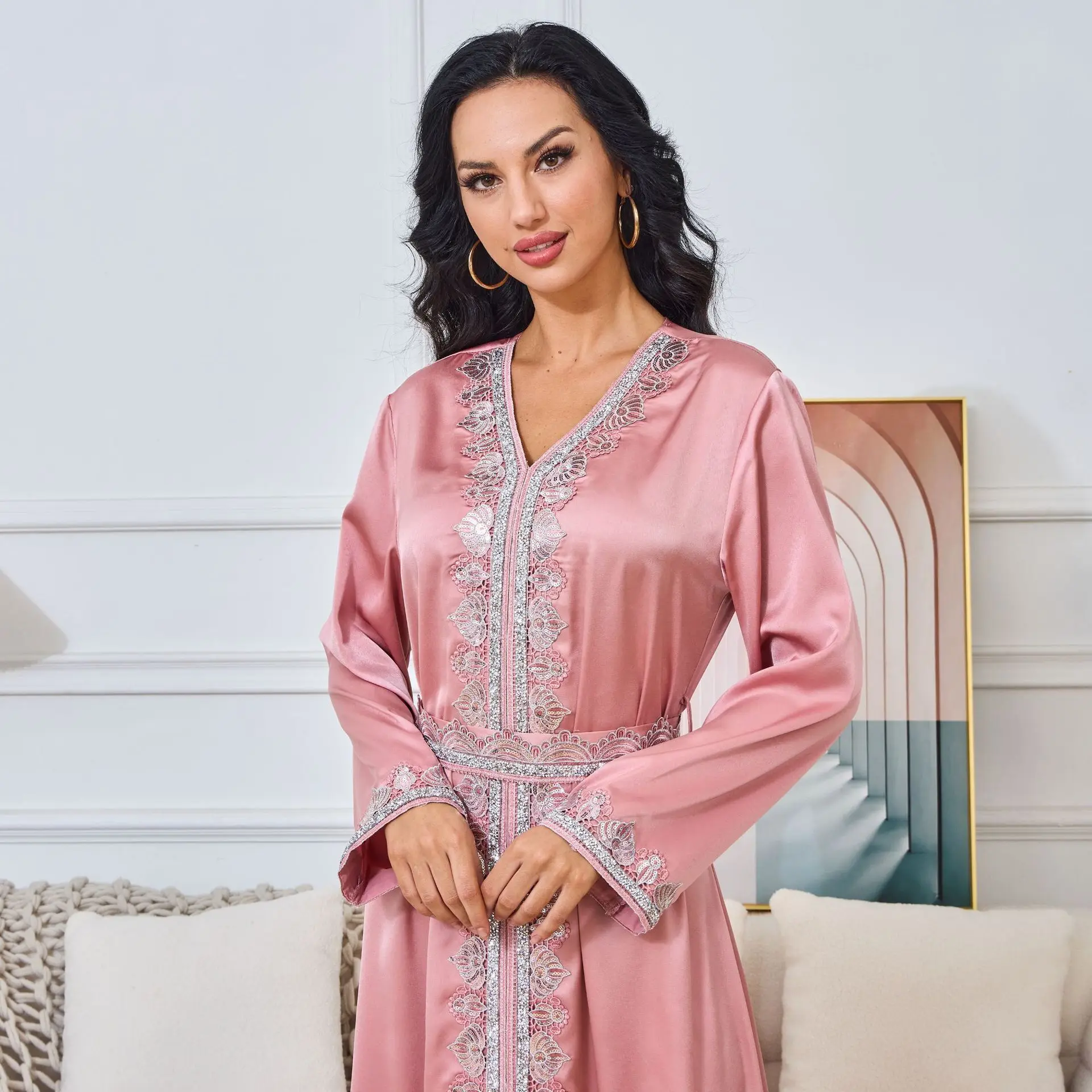 MT162 Women's Muslim Dress New V-neck Solid Color Fashion Party Evening Dress Women's Robe