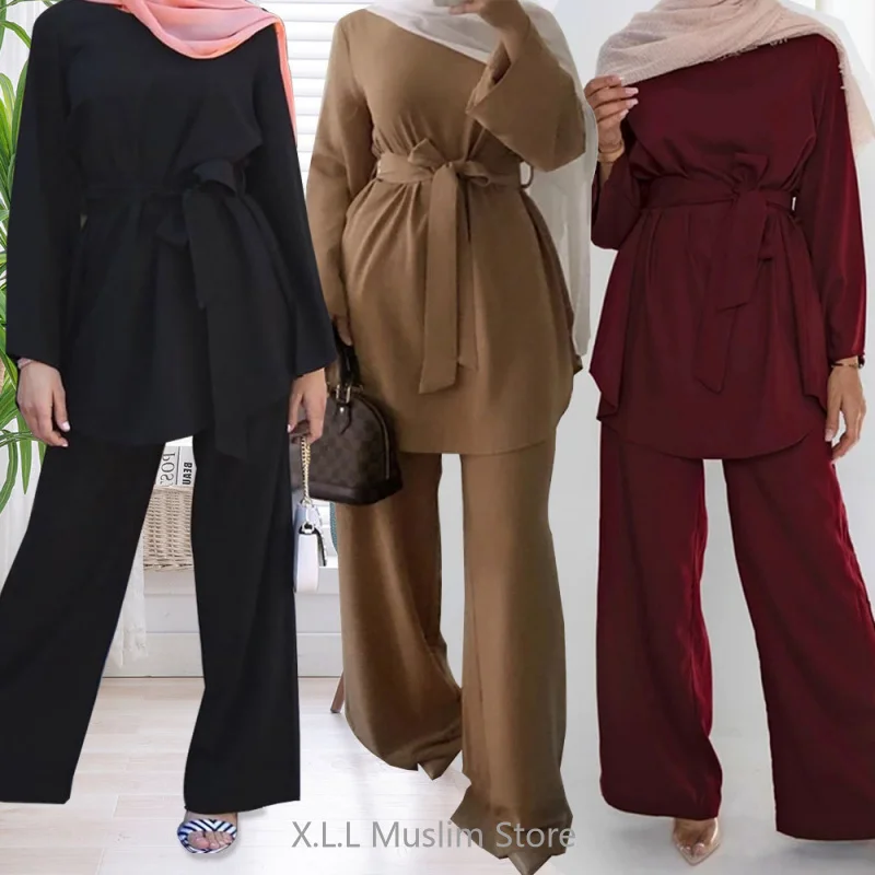 

2 Piece Set Women Muslim Sets Hijab Dress Spring Dubai Turkish Top And Pants Suit Islamic Clothing Abaya Eid Loose Ensembles