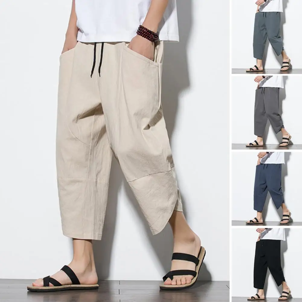 Men Cropped Pants Drawstring Straight Leg Pocket Ethnic Style Mid-calf Length Men Sweatpants Plus Size School Men Summer Pants