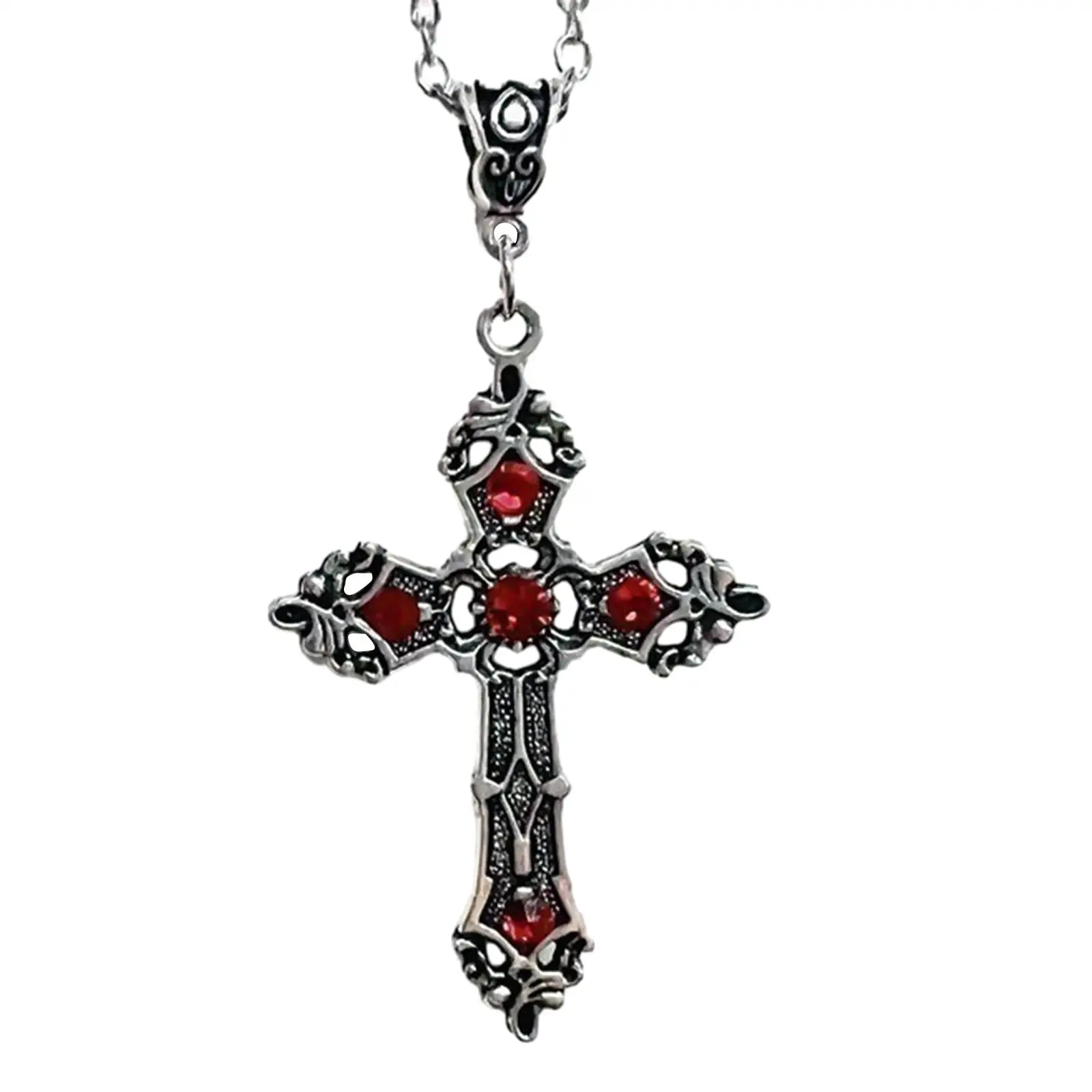 Cross Pendant Necklace Faith with Red Rhinestones Metal Men Women Goth Jewelry for Daily Wear Baptism Christmas New Year Gift