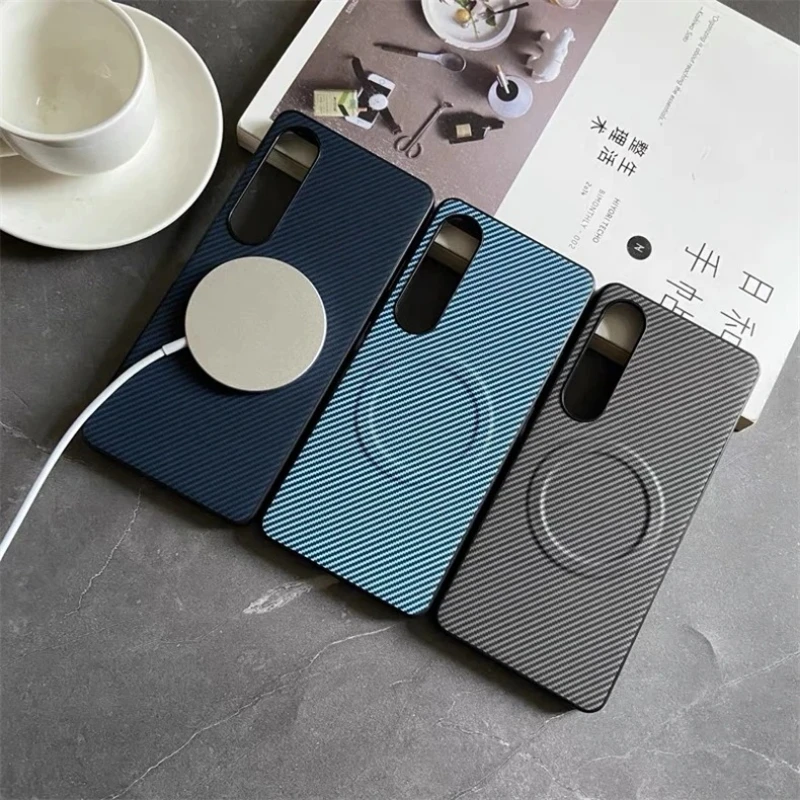 Matte Carbon Fiber Pattern Leather Magsafe Case For Sony Xperia 1 VII VI 1 10 V 1VII 1VI Skin Striped Armor Back Cover Shell
