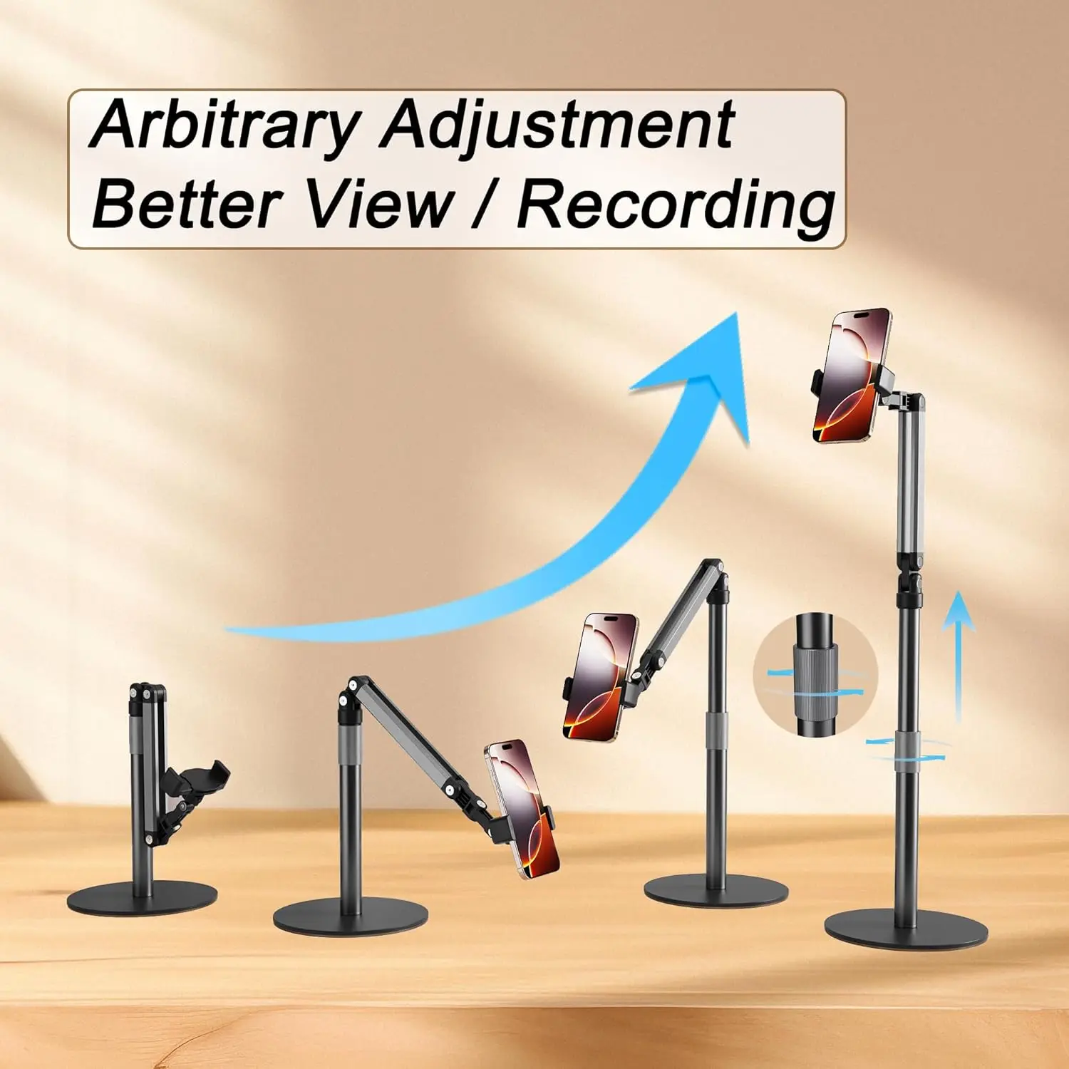 Adjustable Phone Stand for Overhead Recording, Flexible Arm for Video, Painting, Meeting - Desktop Mount
