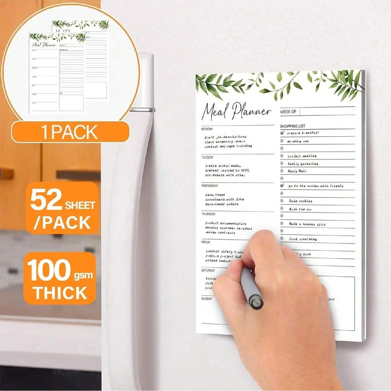 Magnetic weekly meal planner, refrigerator with 52 uncoated and tear off paper shopping lists for meal planning laptops