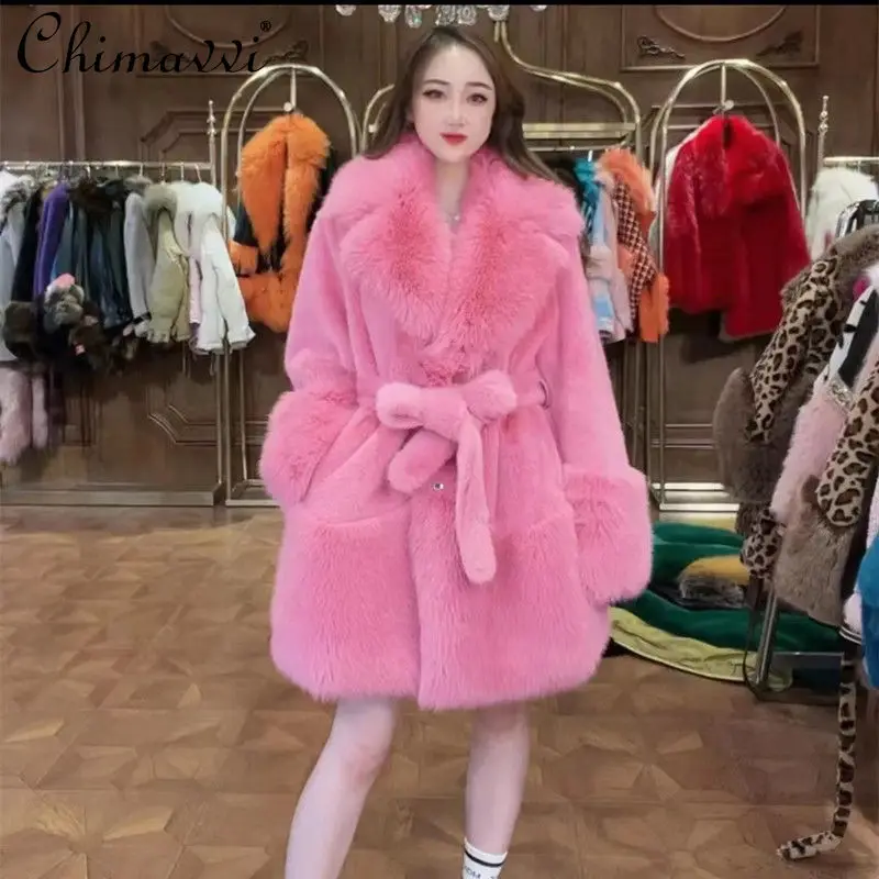 Fashion Heavy Big Fur Collar Lace-up Waist Mid-Length Faux Fur Coat 2022 New Winter High-End Elegant Sweet Slim Warm Jacket