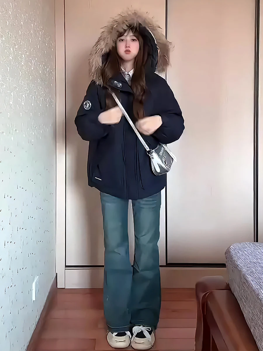 여성용 테이니드 패딩 재킷 2024 겨울 캐주얼 따뜻한 코트 오버 롱 후드 출퇴근용 슬레 화이트 듀 다운 필