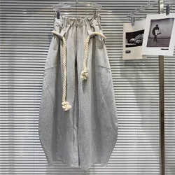 Spicy Girl Woven Hemp Rope Belt Pant Women Loose Wide Leg Casual Trousers Autumn Winter Stylish Lantern Pant Chic