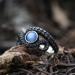 Anillo de pulpo Vintage de acero inoxidable con piedra de ojo de gato para hombre, aneles de moda gótica Retro, accesorios de moda, regalo para pareja, 2022