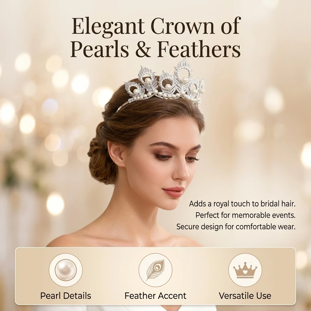 Pearl Crown Headpiece With Peacock-Feather For Wedding Bridal Hair Accessories view 4