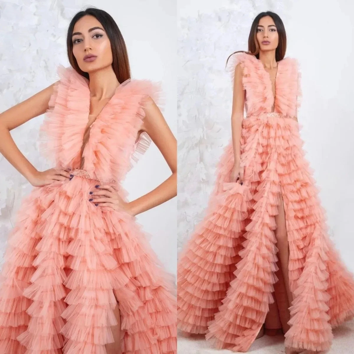 Vestido de baile longo em camadas, Vestidos de festa, fenda lateral, malha exuberante, formal, elegante