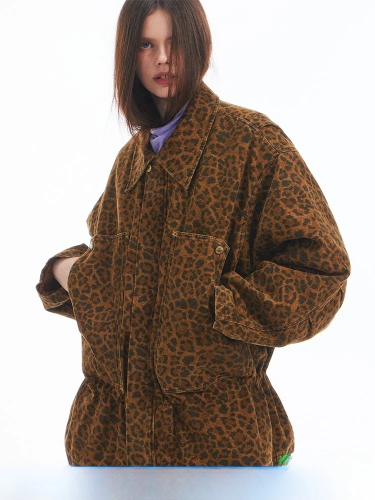 

Пальто DNT в американском ретро-стиле, повседневное, свободного кроя, с длинными рукавами, меховым воротником, леопардовым принтом, на хлопковой подкладке, с воротником-стойкой, для женщин