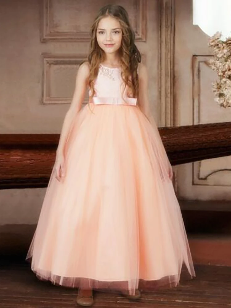 Cute Sleeveless Lace Bow Flower Girls Dresses Princess Child Ball Gown Kids Formal Special Occasion Custom