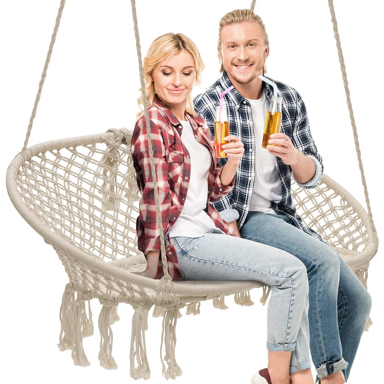 

Hammock Chair Macrame Hanging Swing Bench, Perfect for Indoor, Outdoor, Girl Bedroom, Knitted Floating Double Swinging Bench