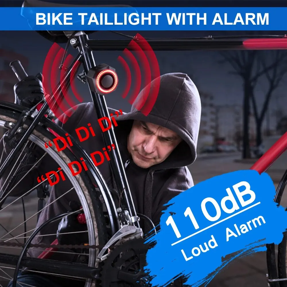 Bicycle Burglar Alarm Taillight Waterproof Smart Auto Brake Sensing Tail Lamp Remote Control USB Charge Bike Rear Light