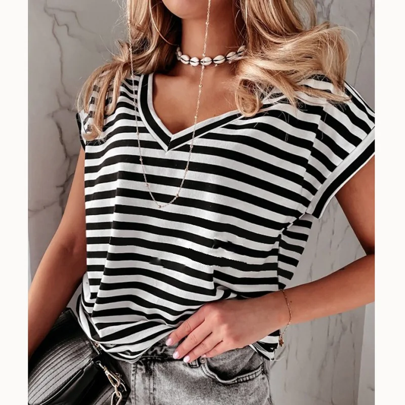 

Summer Loose Striped Print Casual T Shirt Women Fashin V-neck Short Sleeve T Shirts For Women 2023 Black Top Femme