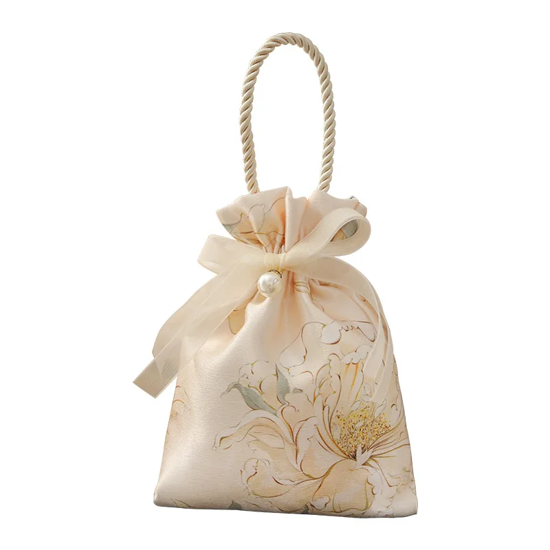 Handheld Candy Bag with Pearl Pendant Flower Drawstring box Satin Bow Large Capacity Festive Sugar Bag Bucket Bag Storage box