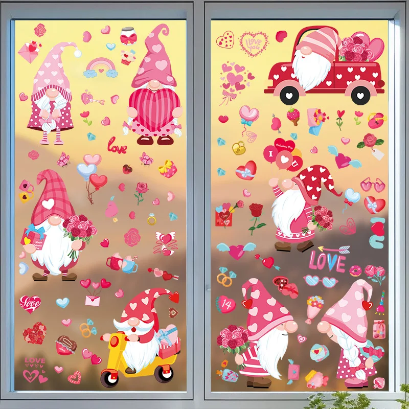 9Sheets Valentines Day Window Stickers Cartoon Gnome I Love U Heart Shape Glass Stickers Decals Wedding Party Home Decoration